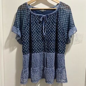 belle sky Navy Blue Mixed-Print Flutter Sleeve Blouse